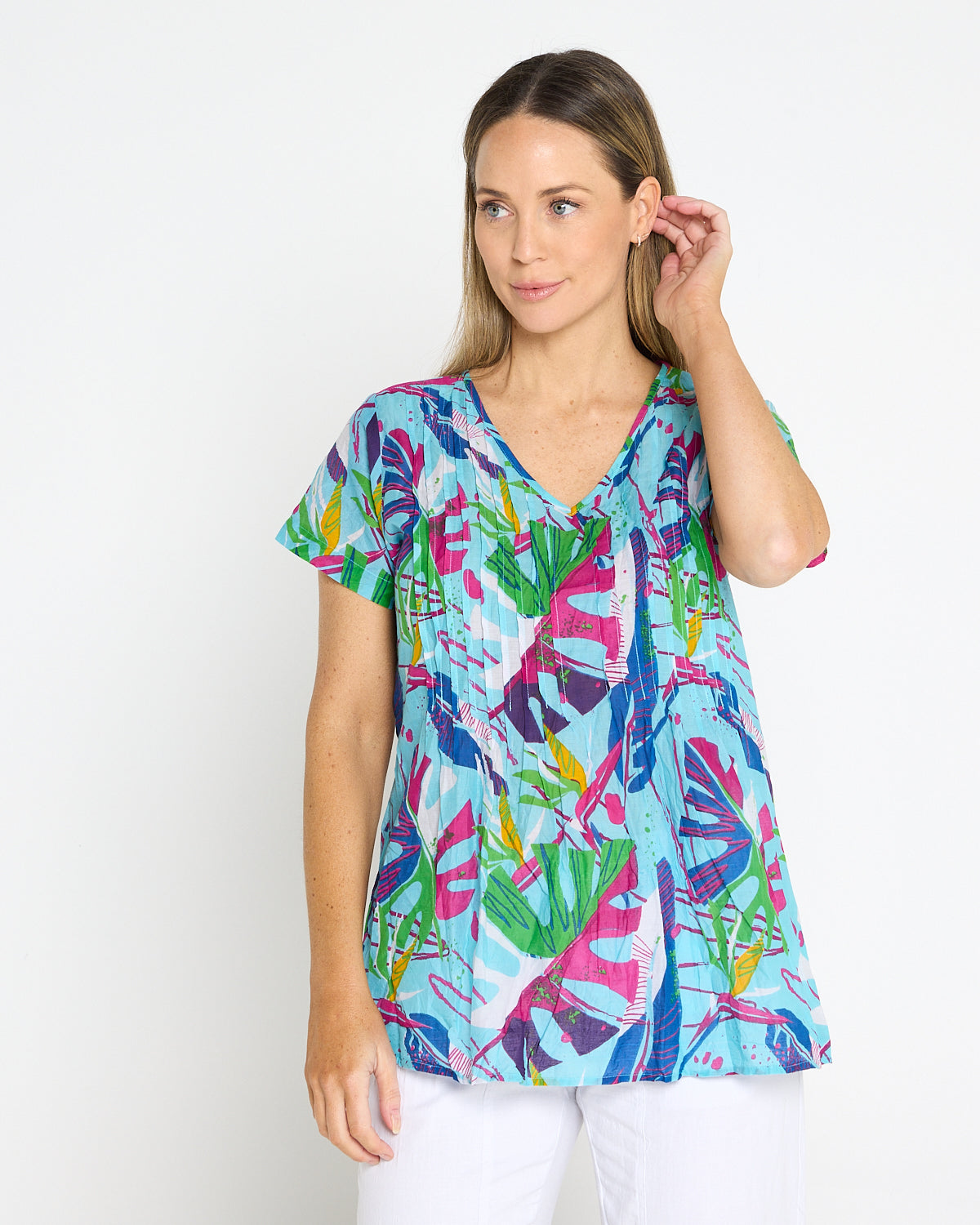 Kayla Cotton Short Sleeve Top - Abstract Tropical