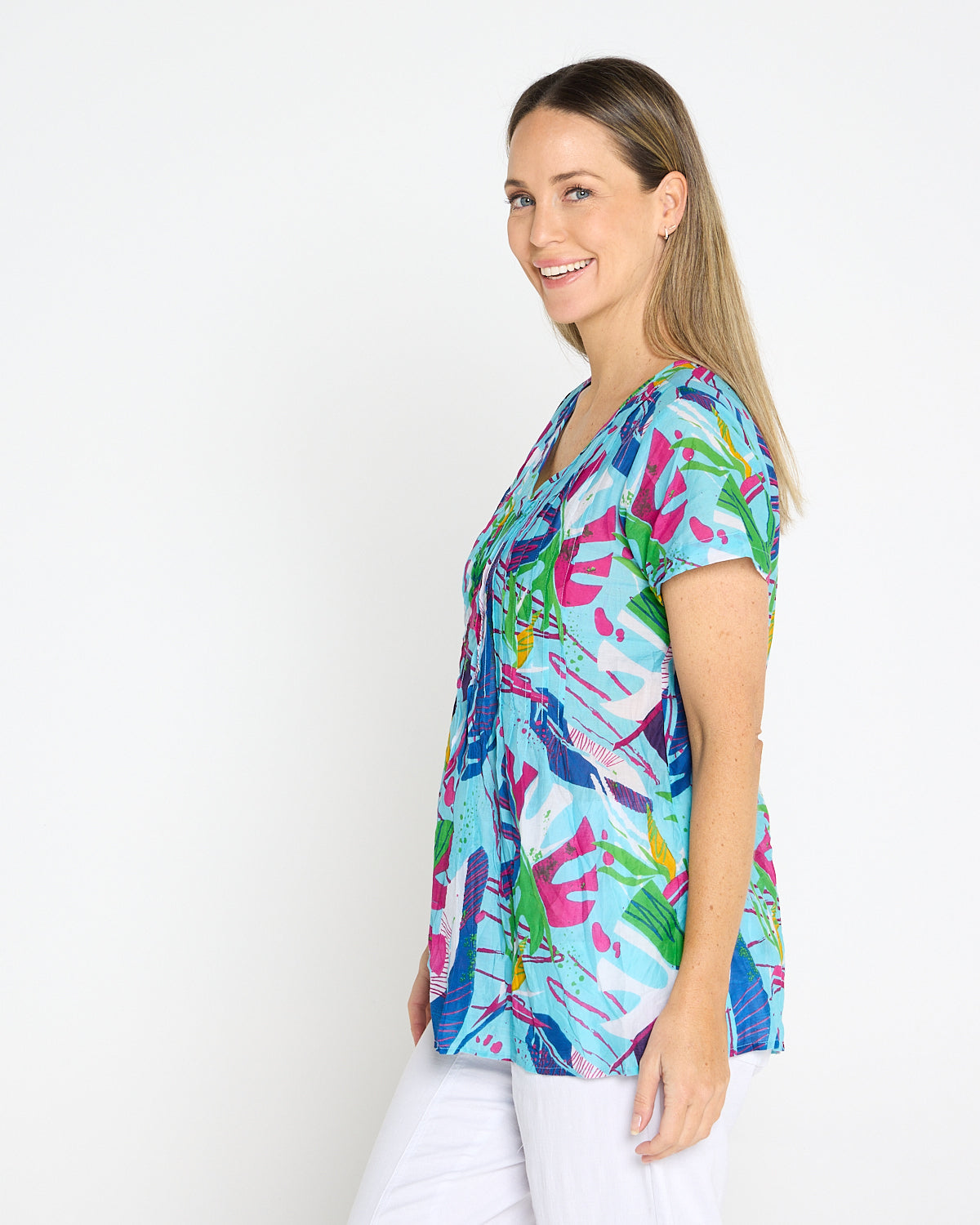 Kayla Cotton Short Sleeve Top - Abstract Tropical