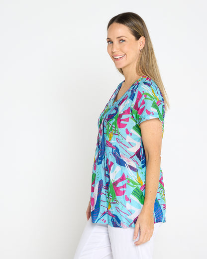 Kayla Cotton Short Sleeve Top - Abstract Tropical