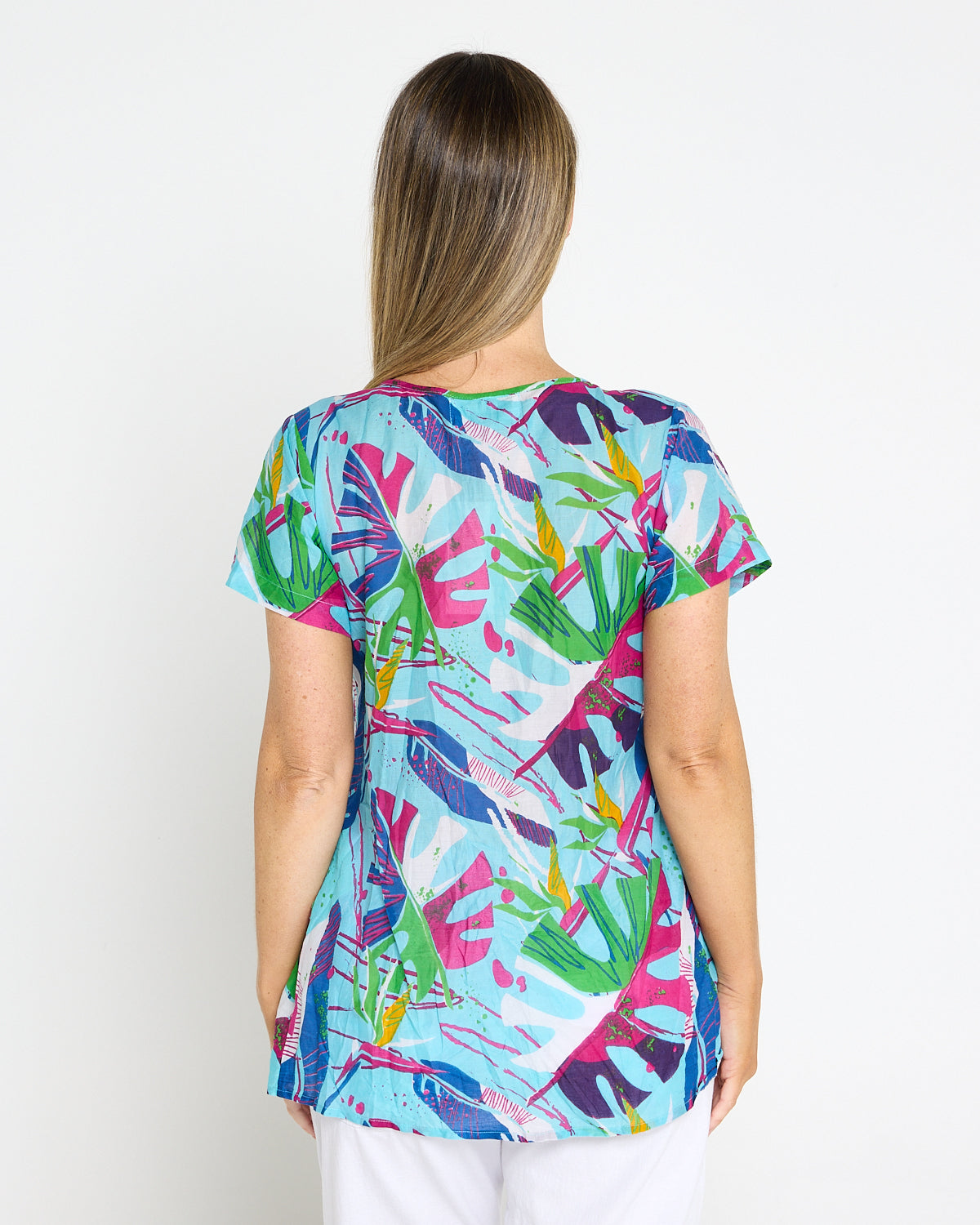 Kayla Cotton Short Sleeve Top - Abstract Tropical