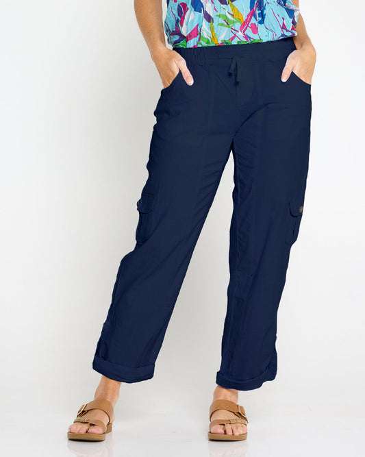 Issy Linen Blend Cargo Pants - Navy