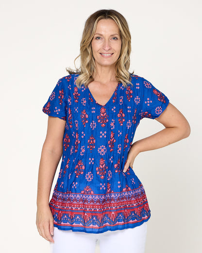 Kayla Cotton Top- Border Blue