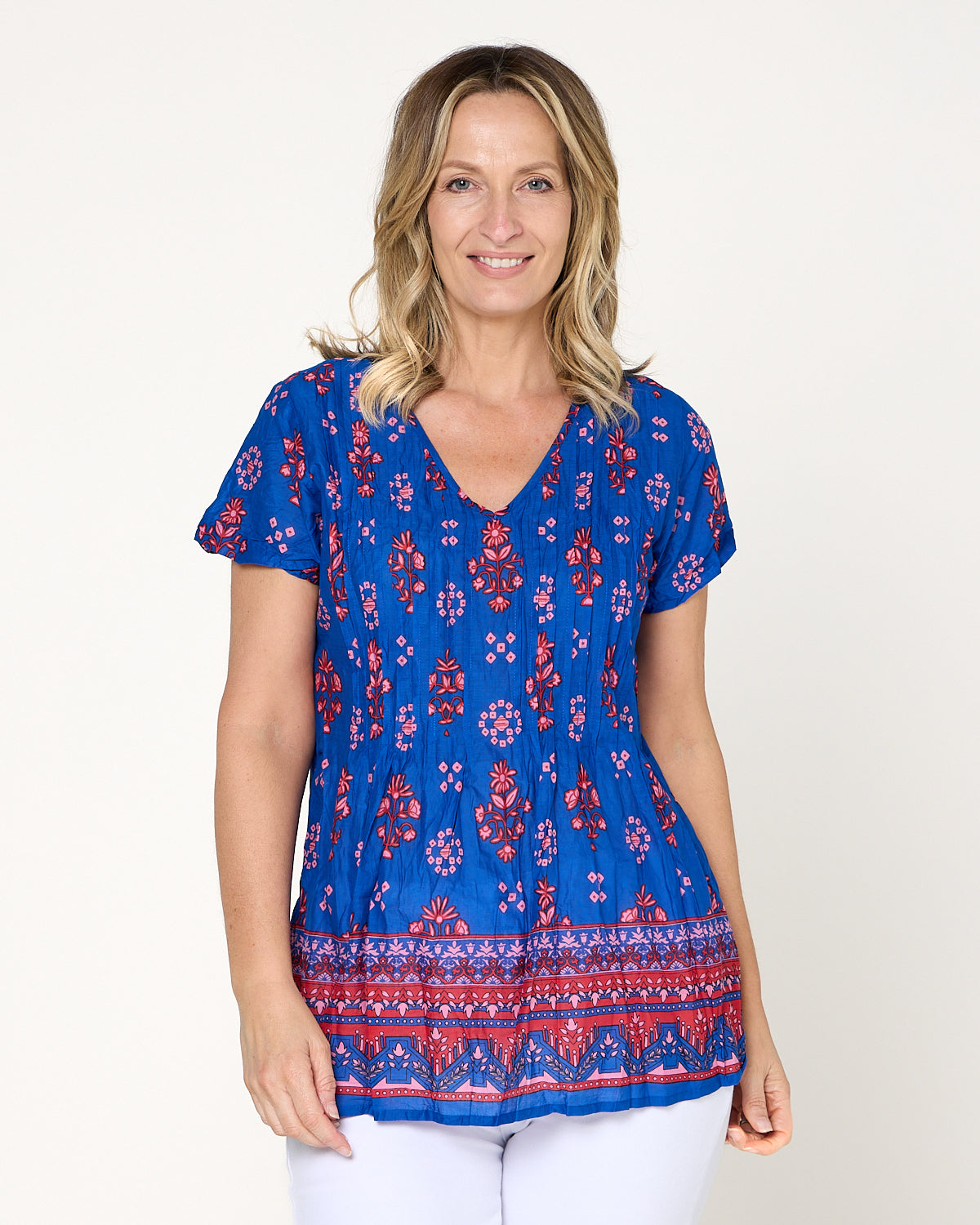 Kayla Cotton Top- Border Blue