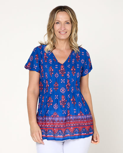 Kayla Cotton Top- Border Blue