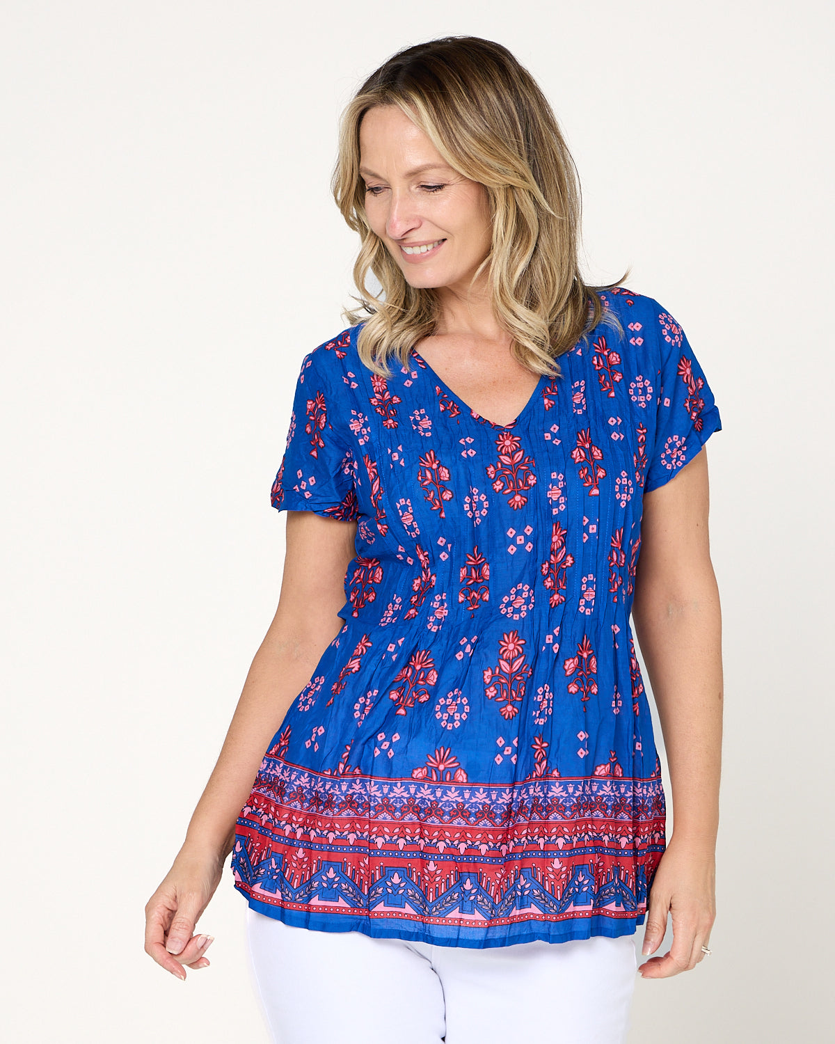 Kayla Cotton Top- Border Blue