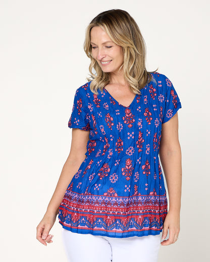 Kayla Cotton Top- Border Blue
