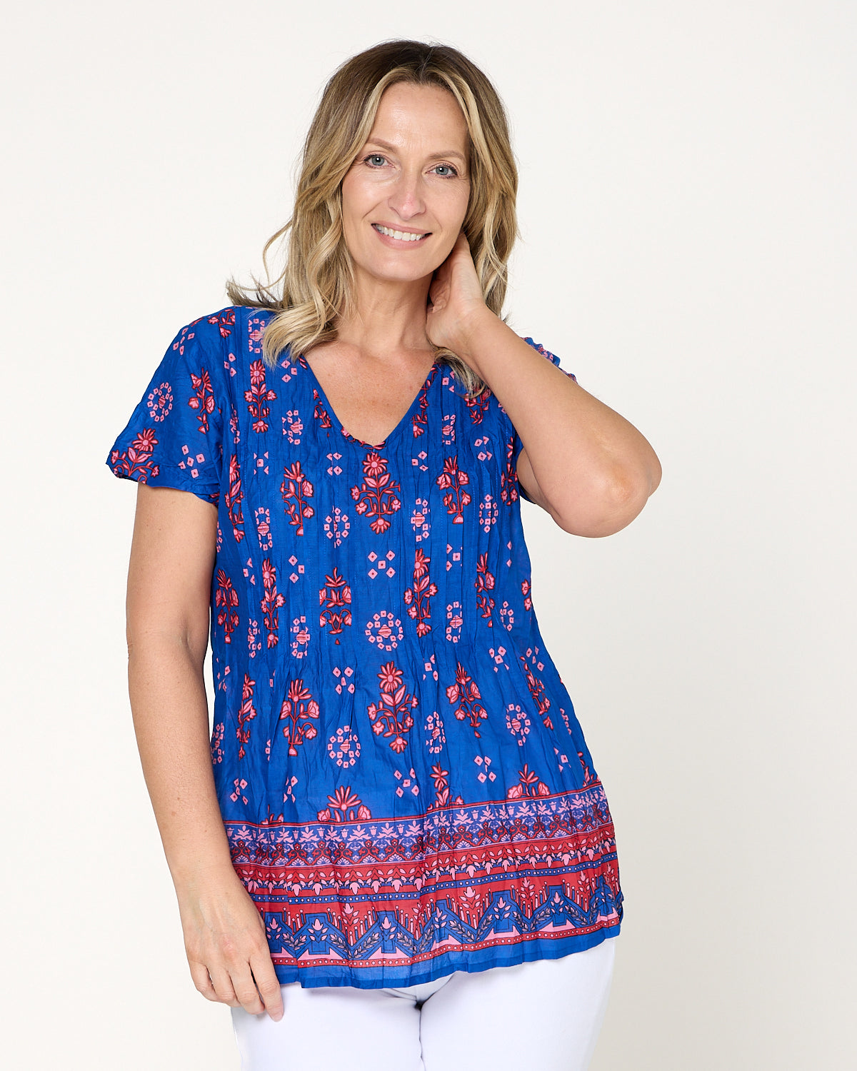 Kayla Cotton Top- Border Blue