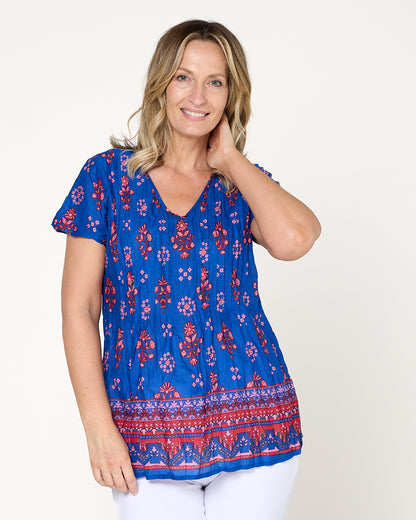 Kayla Cotton Top- Border Blue