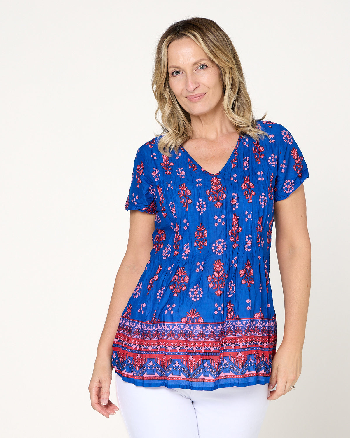 Kayla Cotton Top- Border Blue