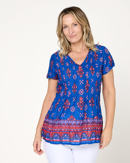 Kayla Cotton Top- Border Blue