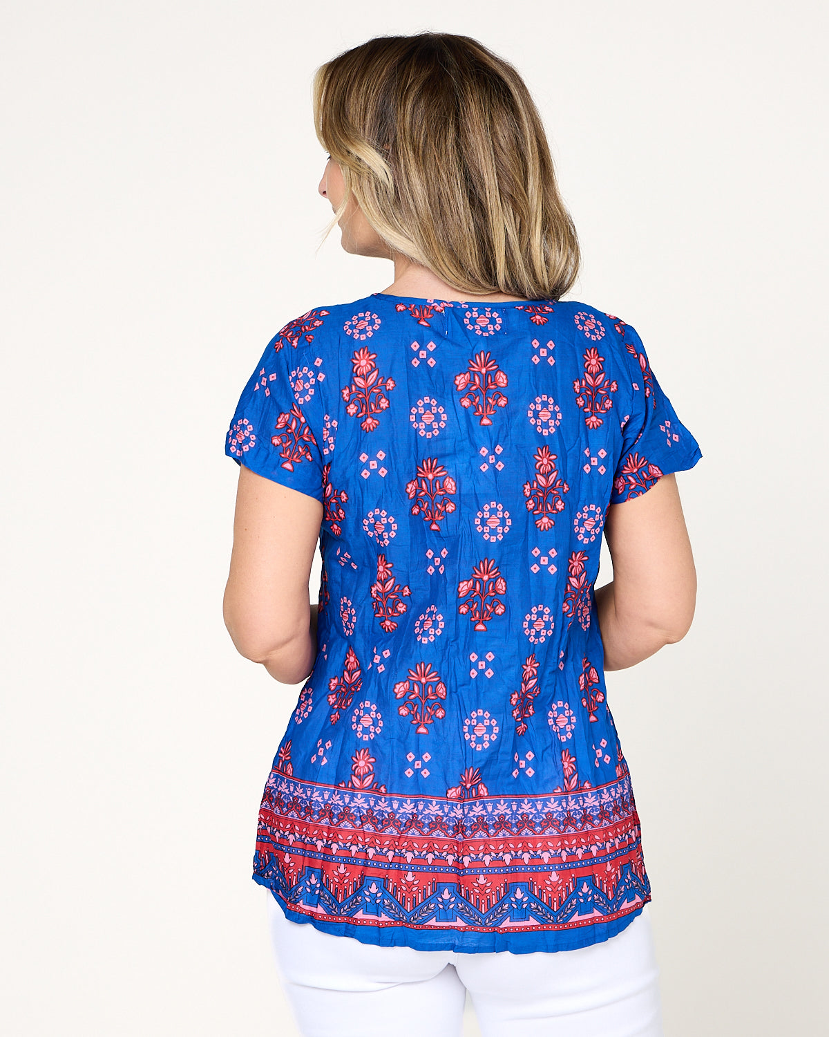 Kayla Cotton Top- Border Blue