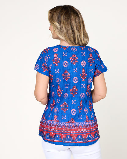 Kayla Cotton Top- Border Blue