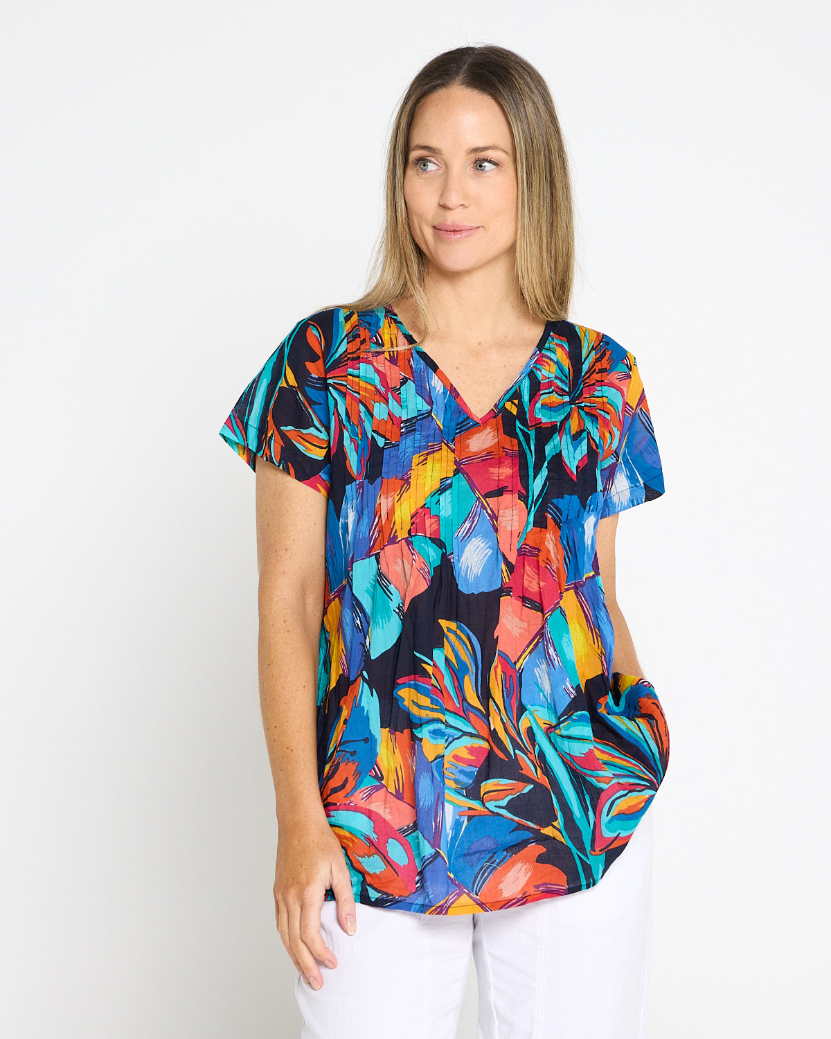 Kayla Cotton Short Sleeve Top - Painted Tropical