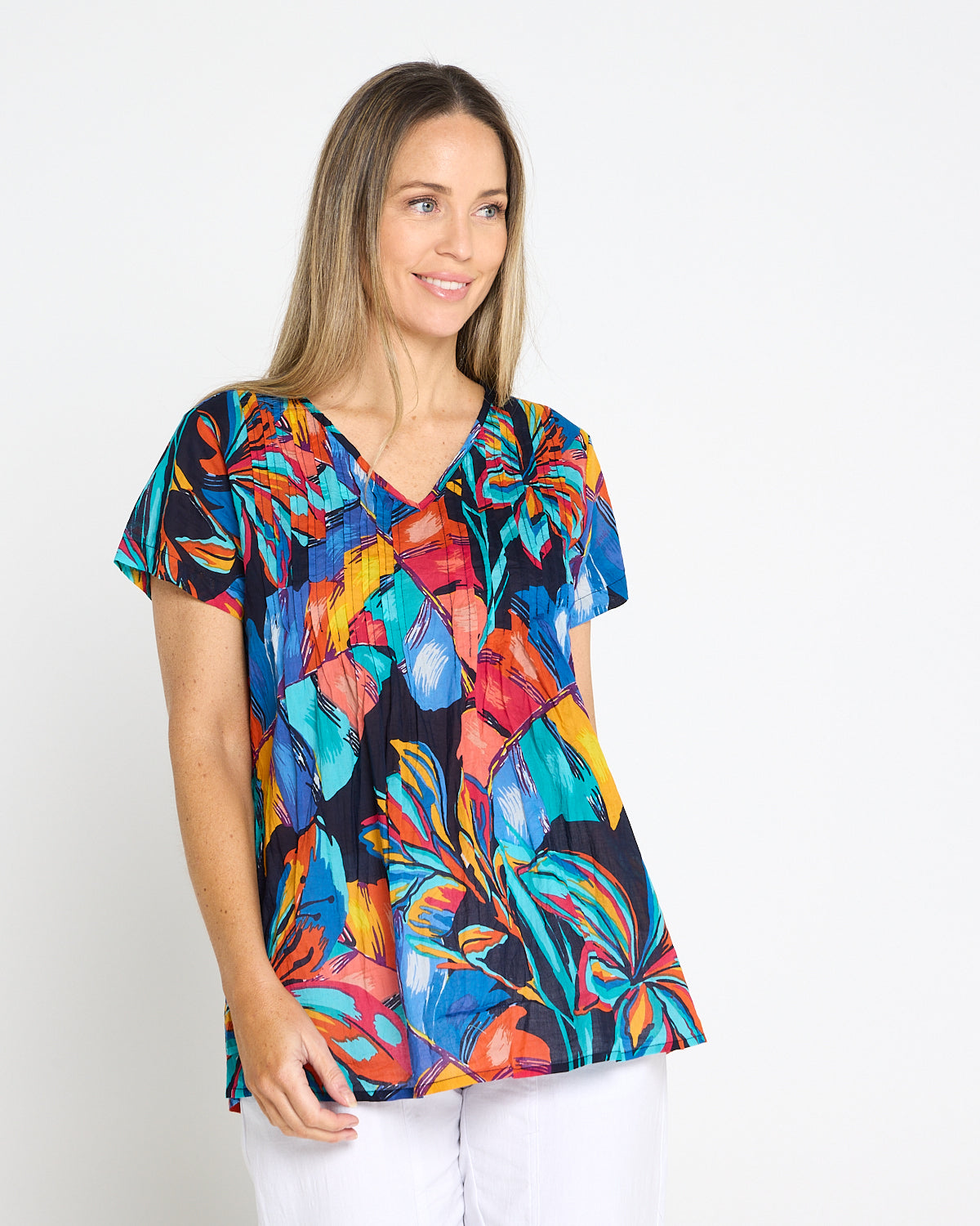 Kayla Cotton Short Sleeve Top - Painted Tropical