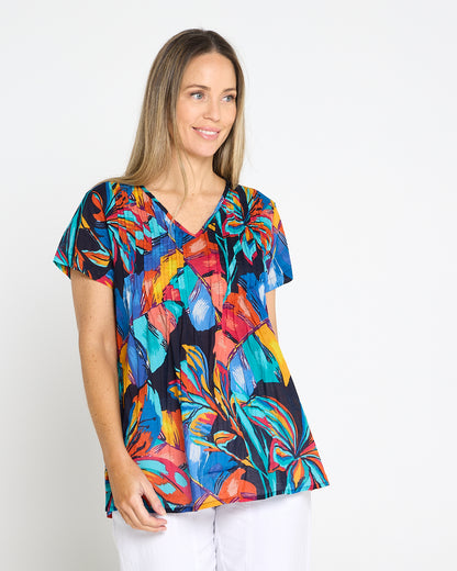 Kayla Cotton Short Sleeve Top - Painted Tropical