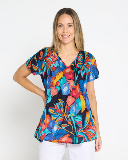 Kayla Cotton Short Sleeve Top - Painted Tropical