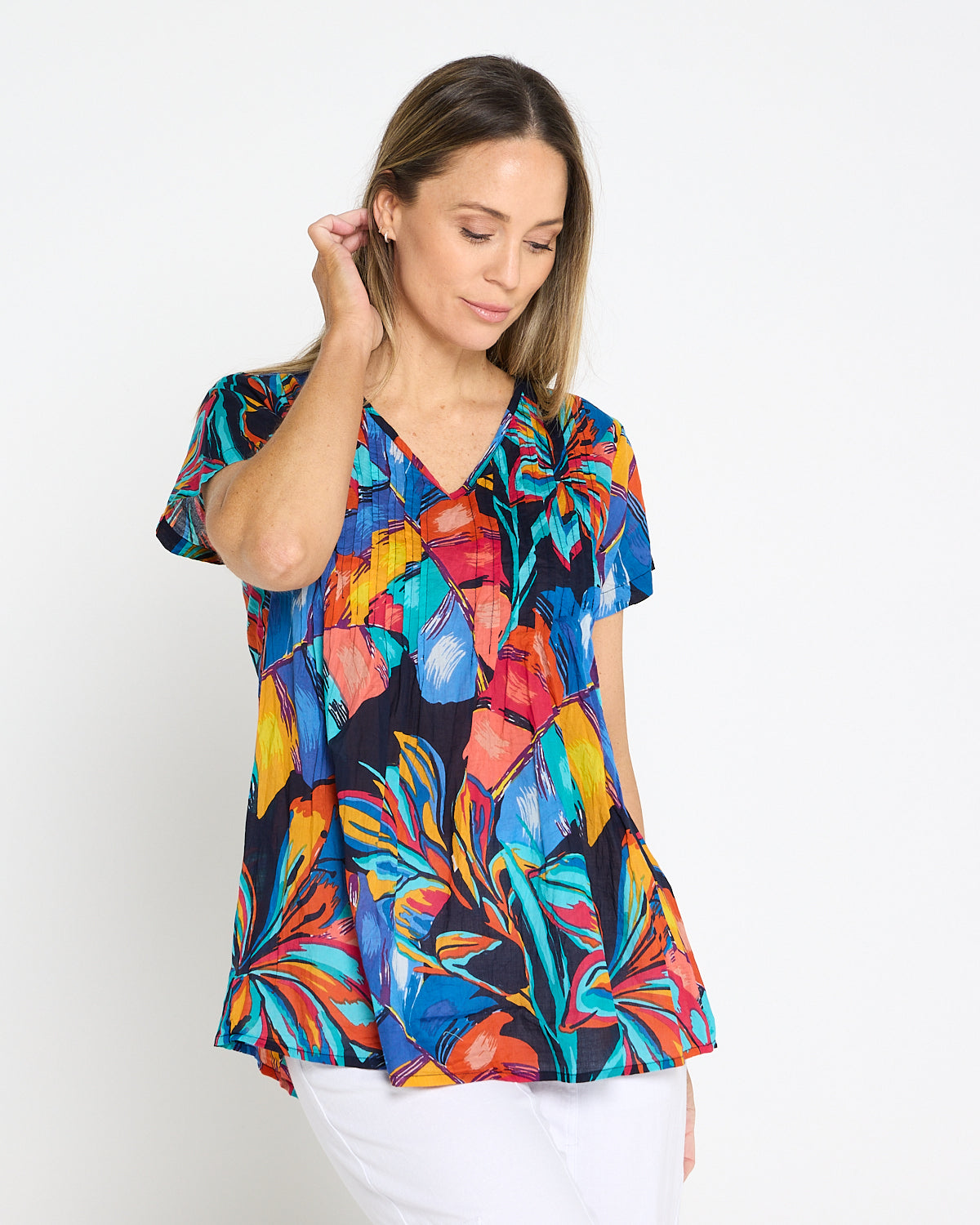 Kayla Cotton Short Sleeve Top - Painted Tropical