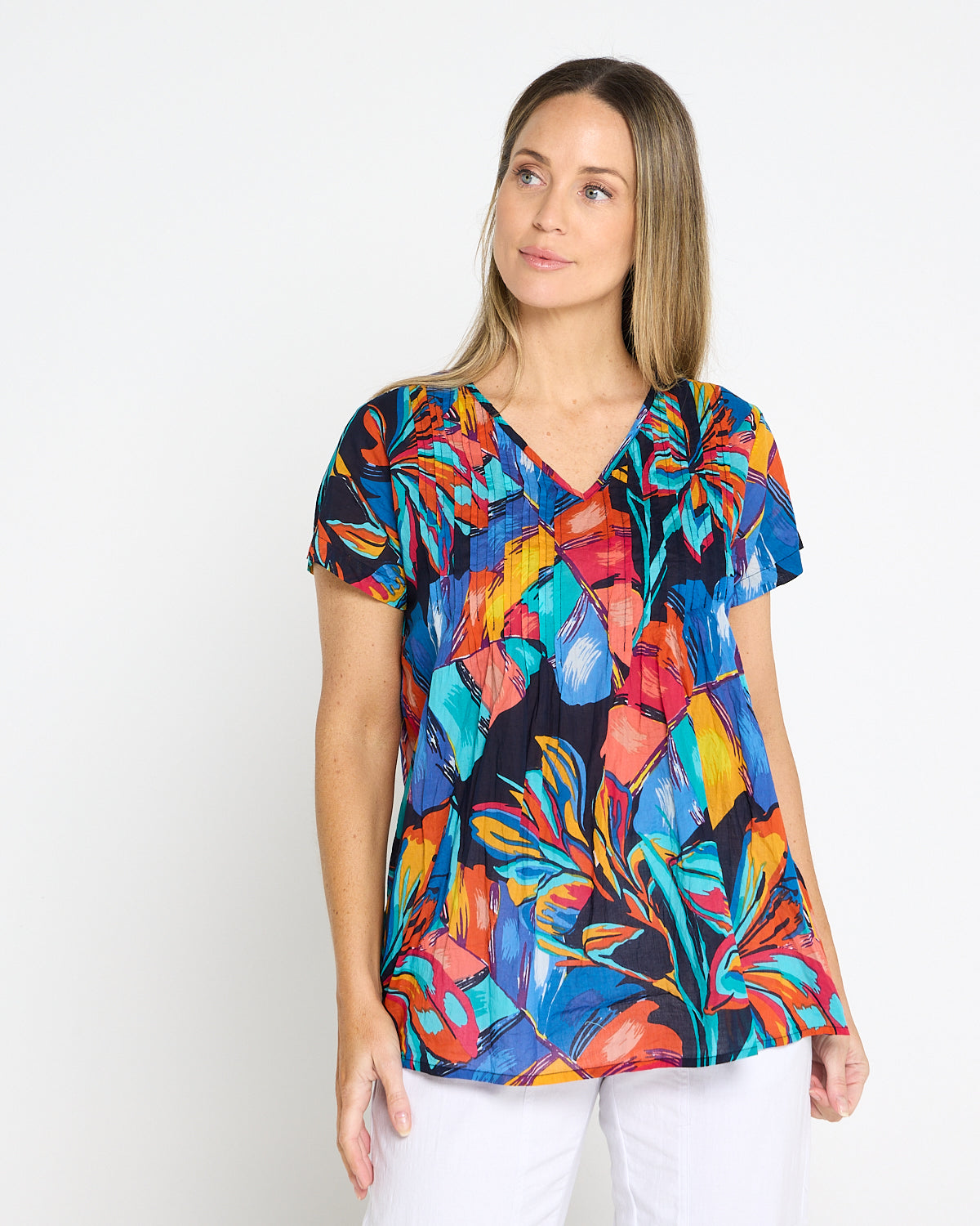 Kayla Cotton Short Sleeve Top - Painted Tropical