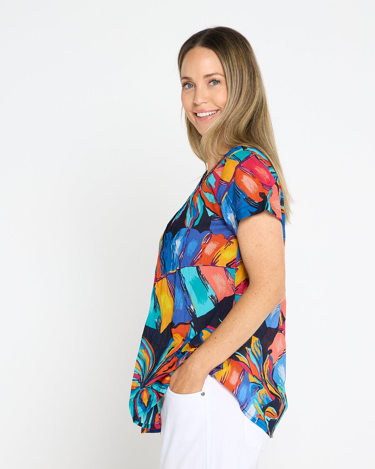 Kayla Cotton Short Sleeve Top - Painted Tropical