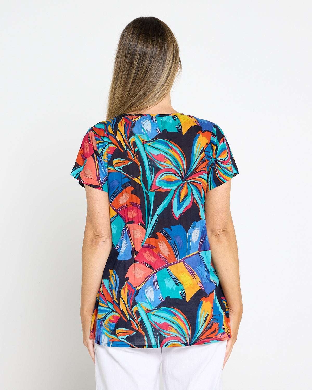 Kayla Cotton Short Sleeve Top - Painted Tropical