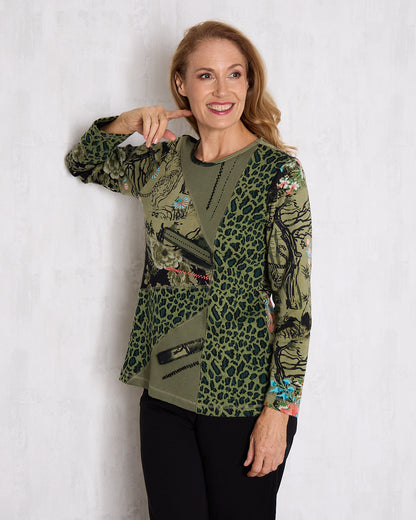 Keqioa Patch Top - Olive Multi