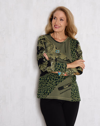 Keqioa Patch Top - Olive Multi