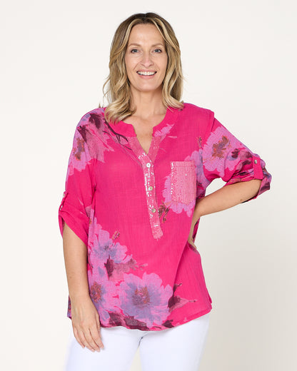 Sinclair Linen Cotton Top - Pink Floral