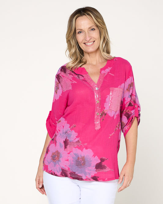Sinclair Linen Cotton Top - Pink Floral