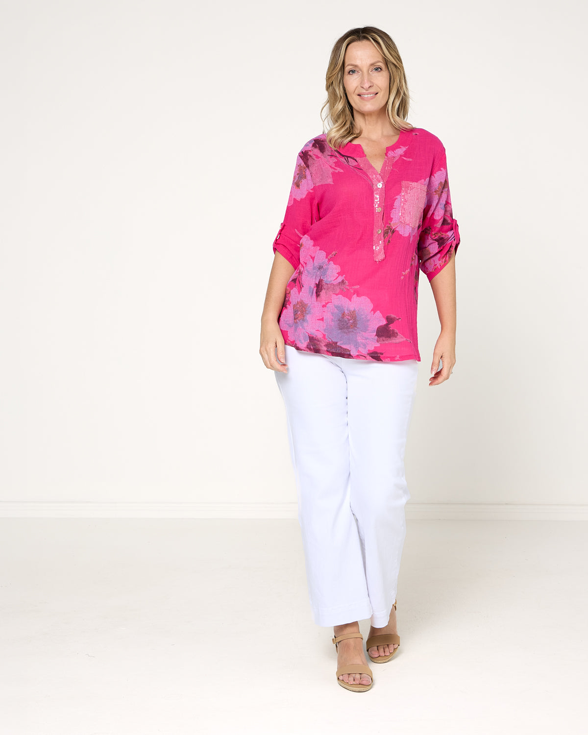Sinclair Linen Cotton Top - Pink Floral