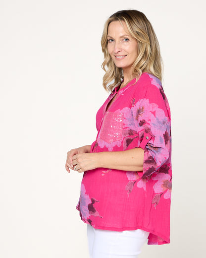 Sinclair Linen Cotton Top - Pink Floral