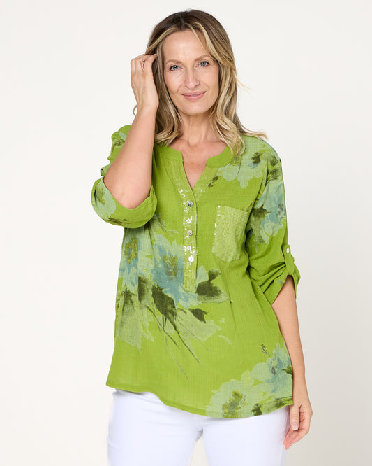 Sinclair Linen Cotton Top - Green Floral