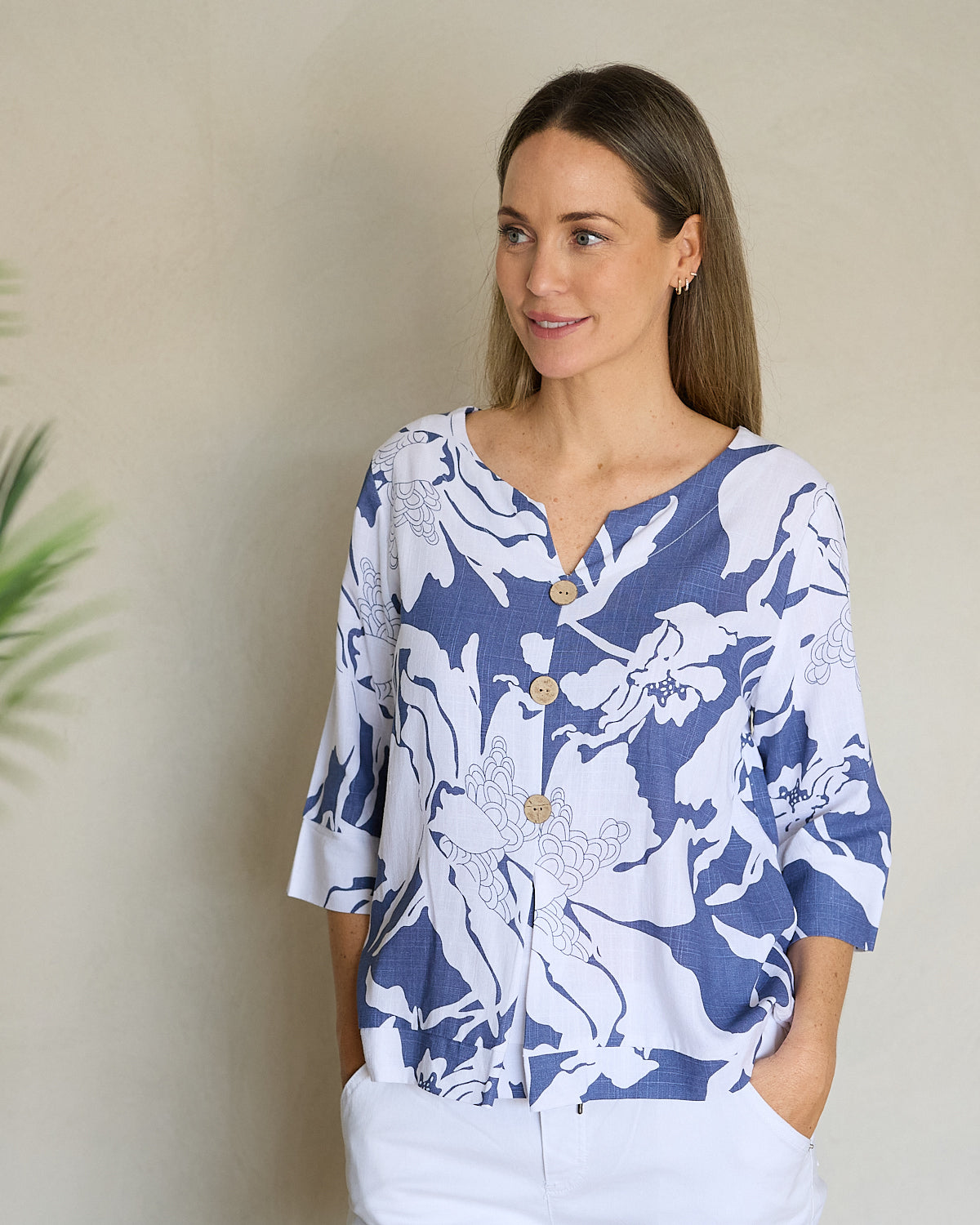 Mahri Linen Top - Denim Floral