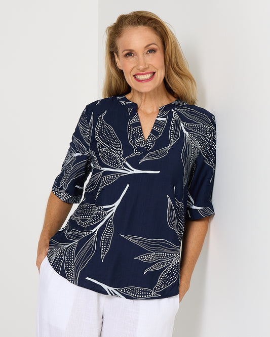 Honeywood Top - Navy Leaf