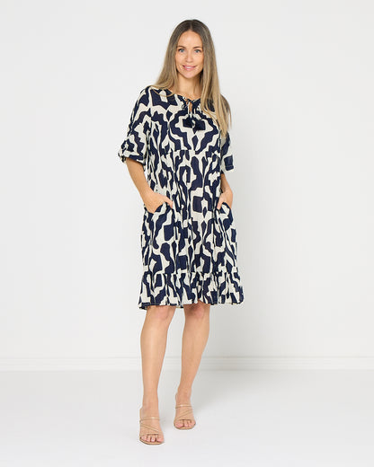 Charli Cotton Dress - Bold Art Navy