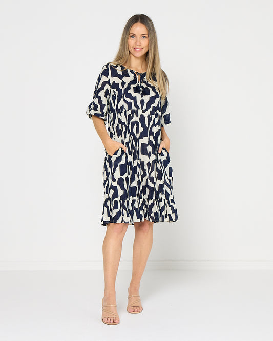 Charli Cotton Dress - Bold Art Navy