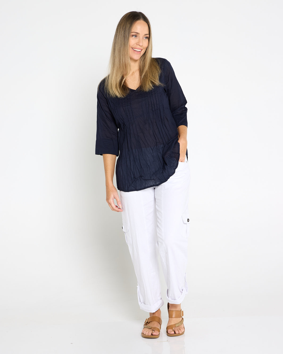 Evie Pleated Top - Navy