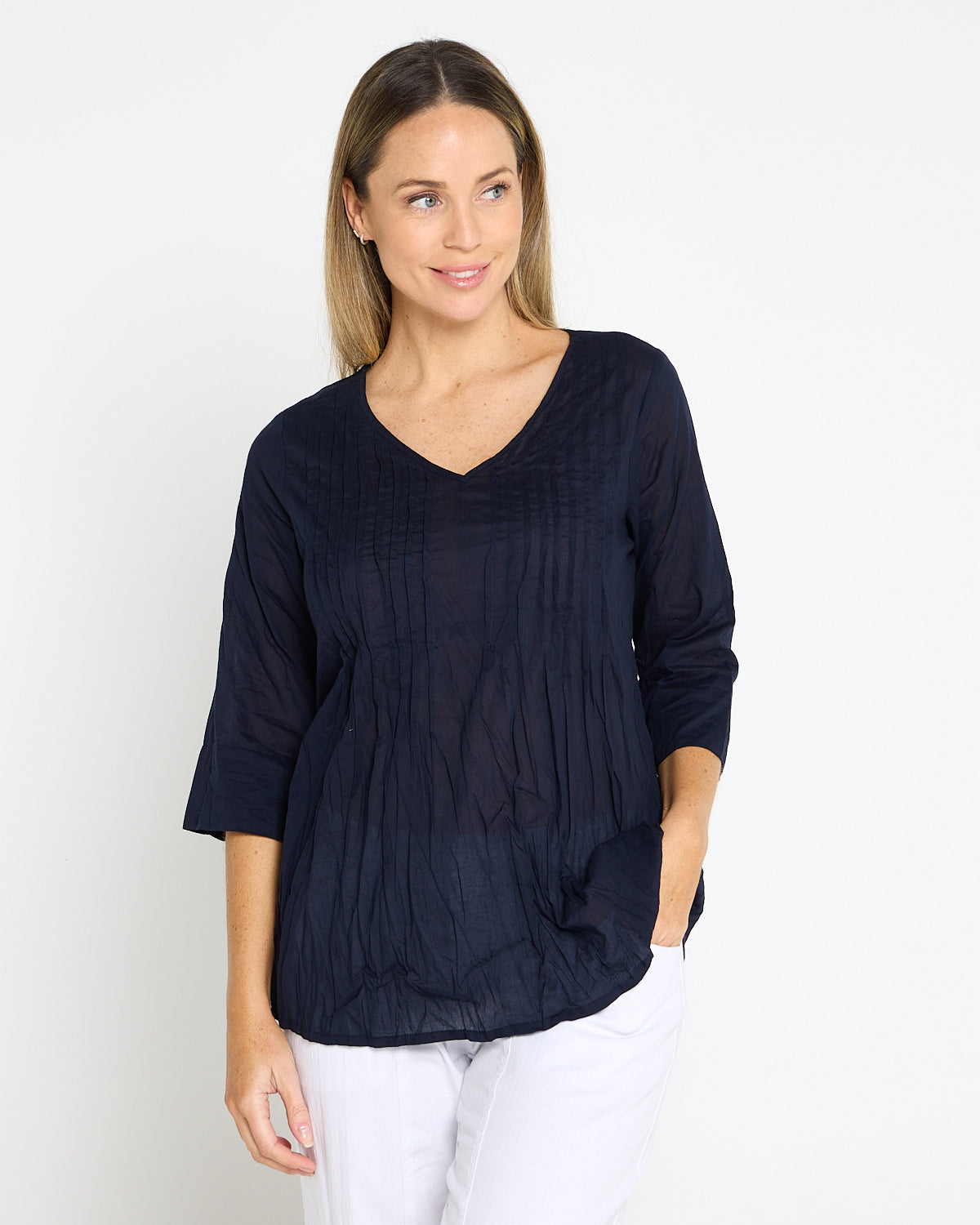 Evie Pleated Top - Navy