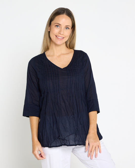 Evie Pleated Top - Navy