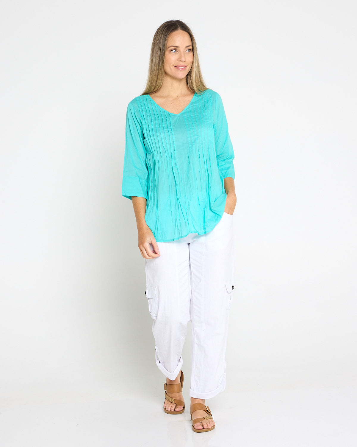 Evie Pleated Top - Aqua Splash