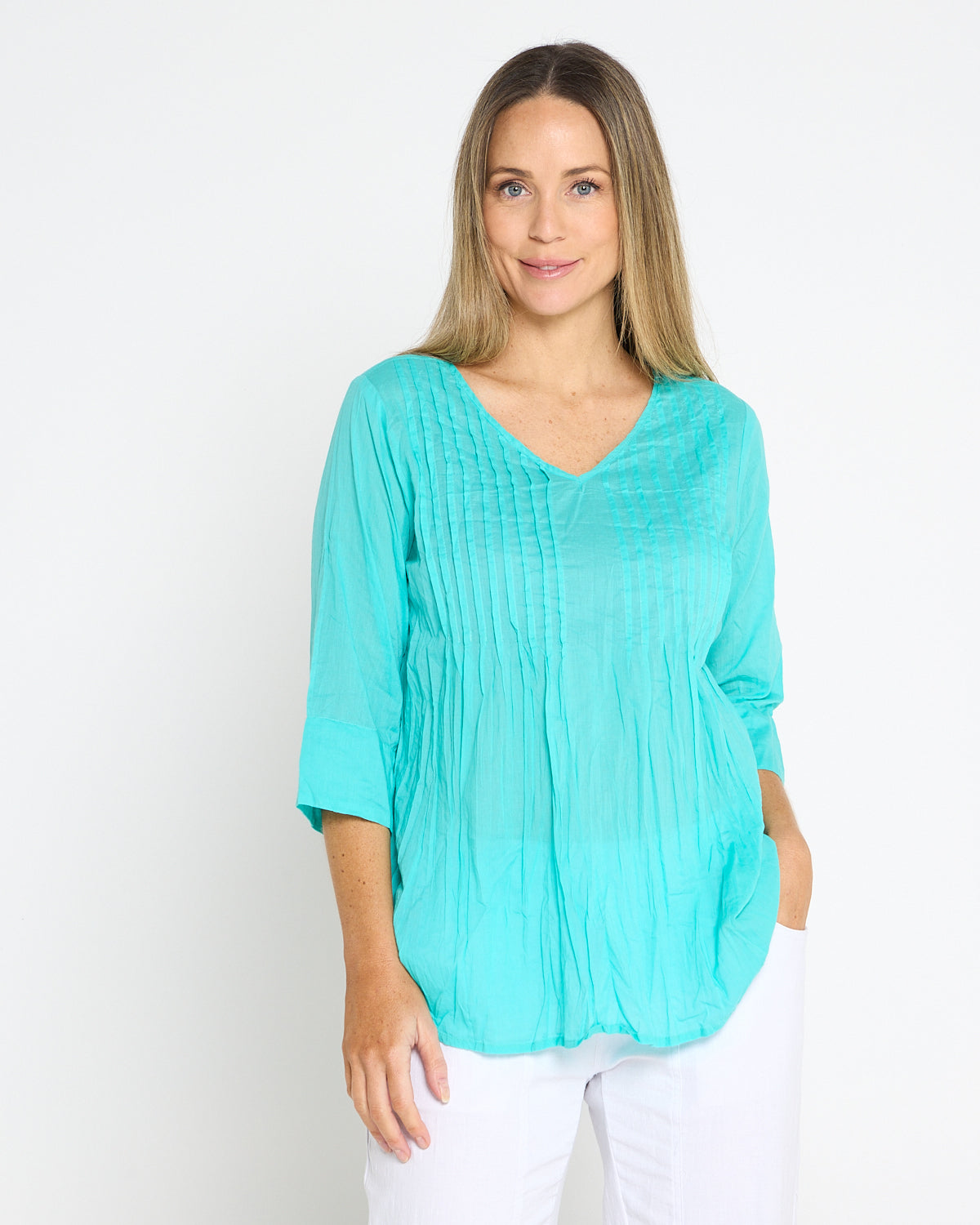 Evie Pleated Top - Aqua Splash