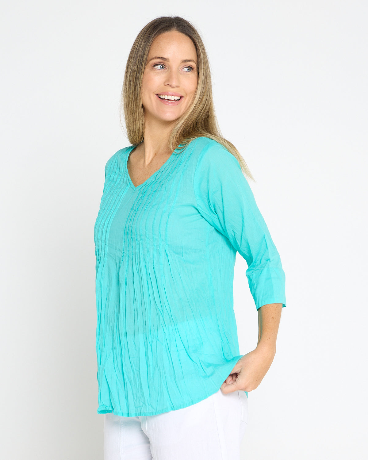 Evie Pleated Top - Aqua Splash