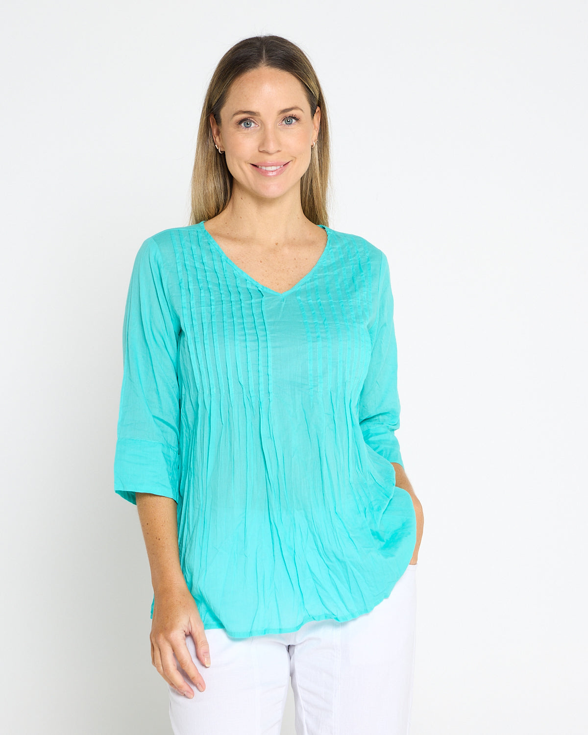 Evie Pleated Top - Aqua Splash