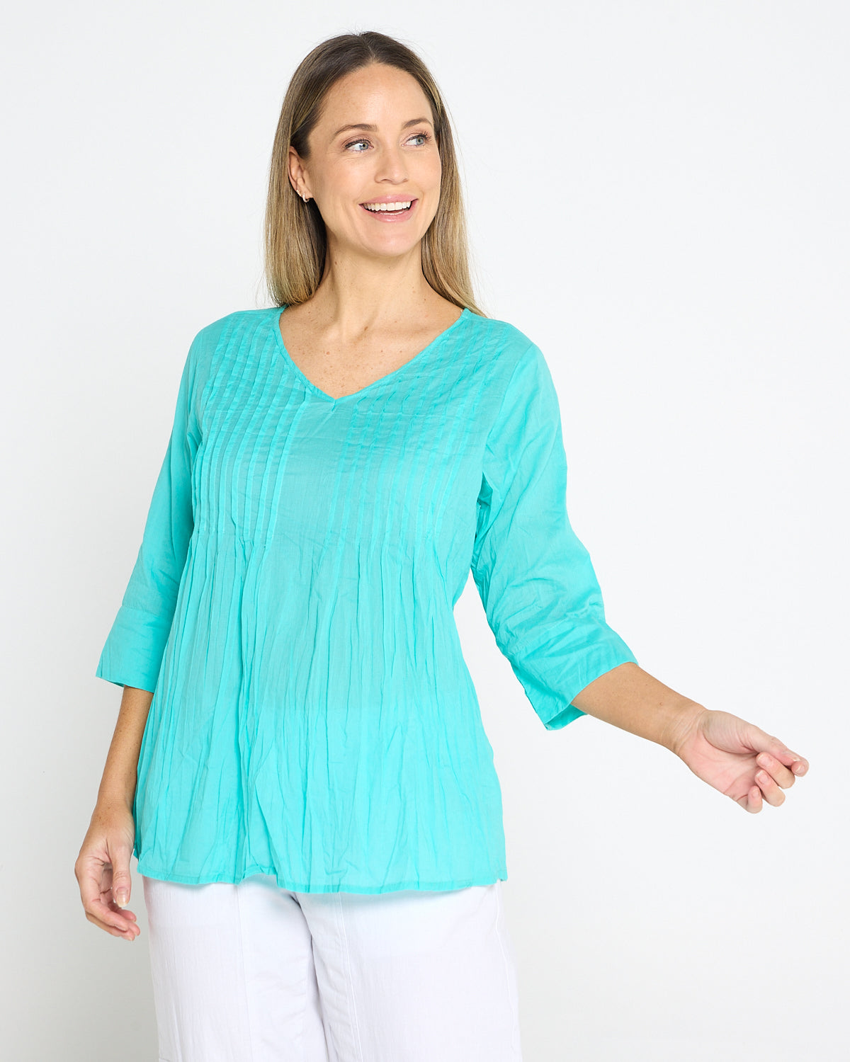 Evie Pleated Top - Aqua Splash