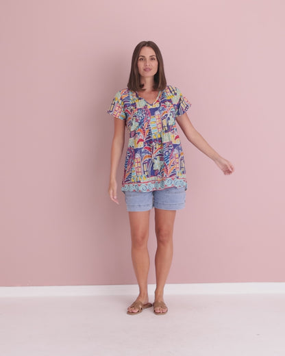 Kayla Cotton Short Sleeve Top - Tropical Village