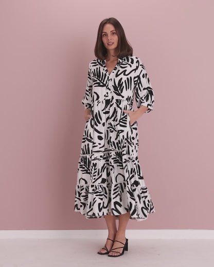Melissa Midi Dress - Black/White Botanical