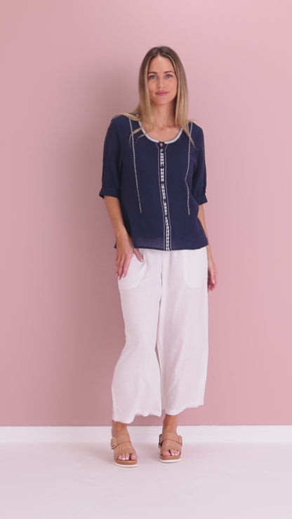 Meagan Linen Blouse - Navy