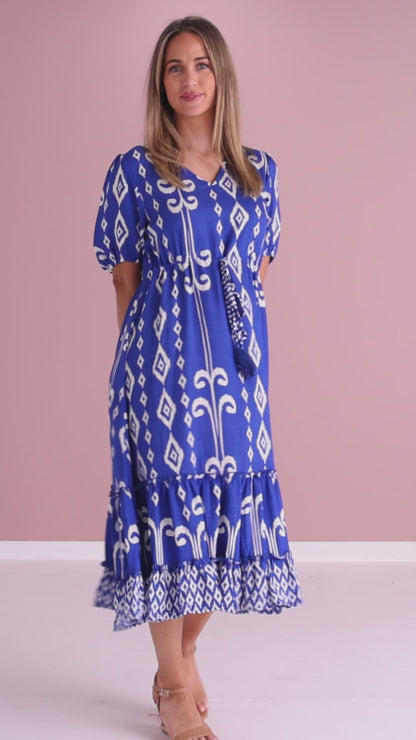 Neesha Dress - Royal Blue/White Print