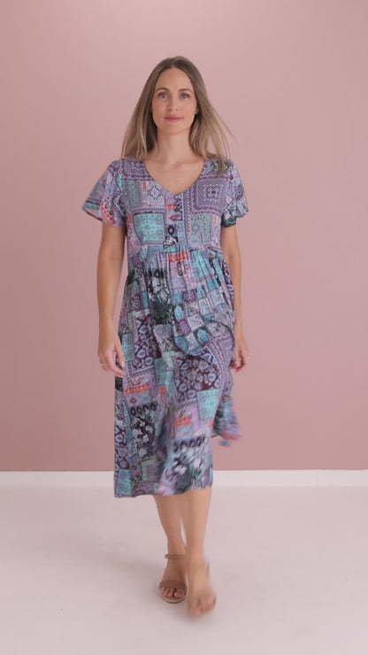Brighton Dress - Aqua Purple Patchwork