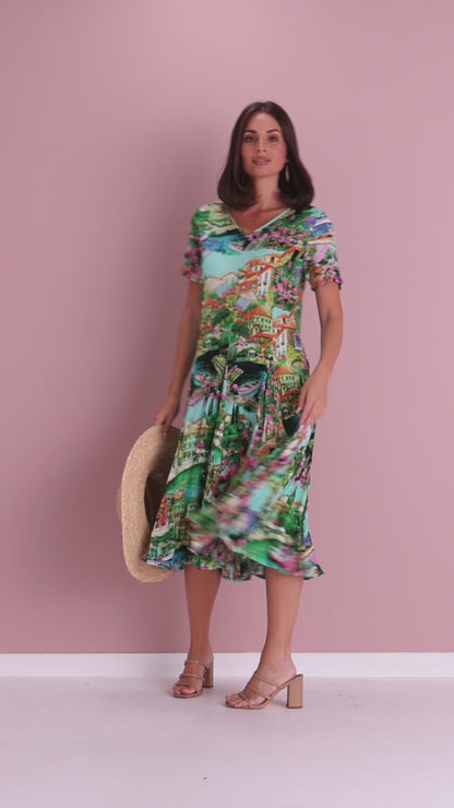 Short Sleeve Godet Dress - Bellagio Print