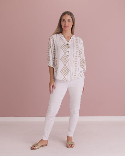 Marli Top - White/Gold Embroidery